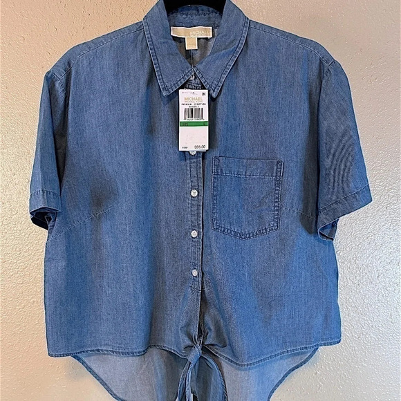 MICHAEL Michael Kors Womens Tie-Front Shirt Light Cadet Wash LARGE NWT - Picture 5 of 6
